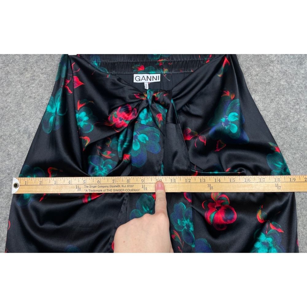 Ganni Tie-Waist Floral Silk Stretch Satin Midi Skirt Black 34 US XS 2 - Picture 10 of 12